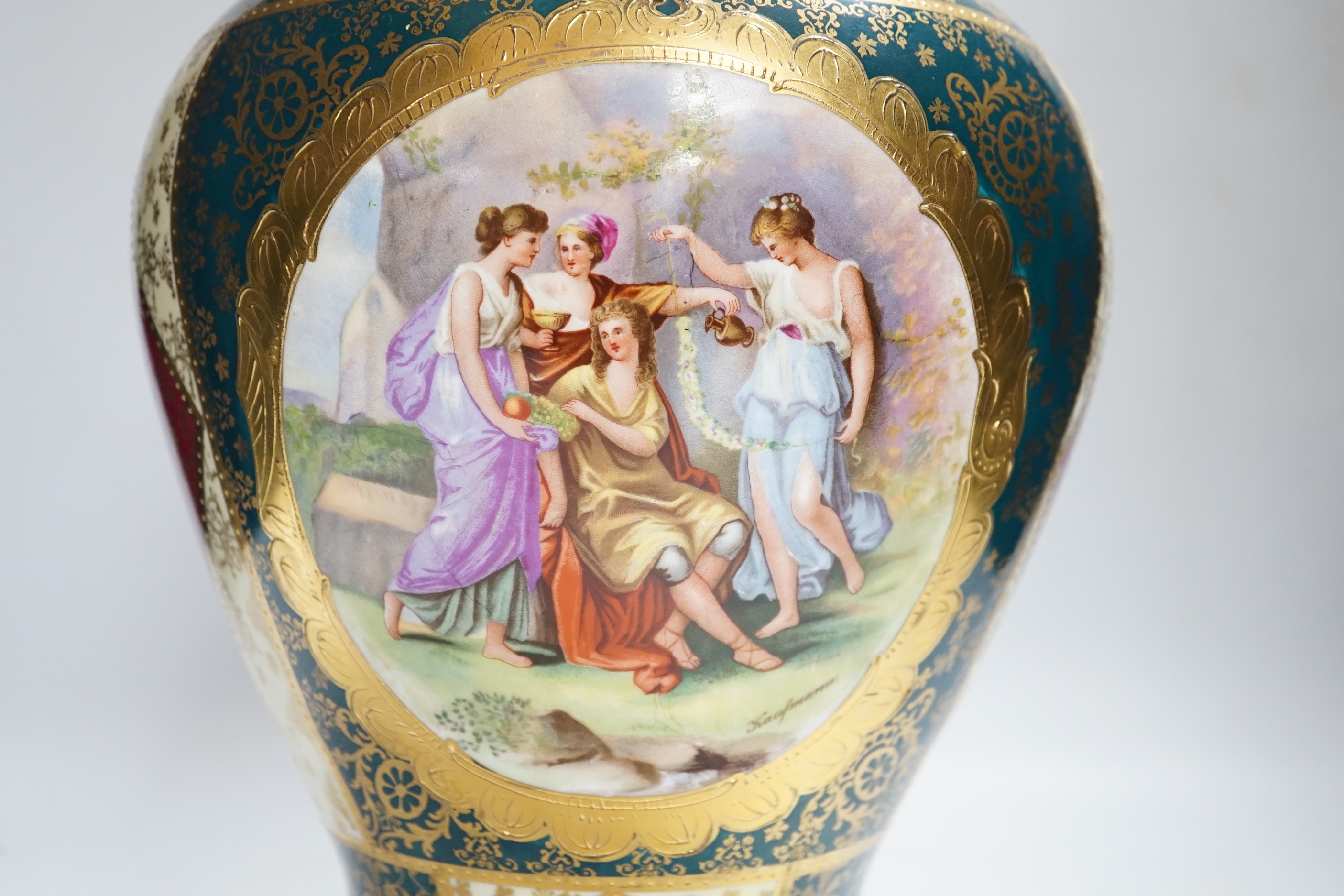 A Vienna style porcelain vase and cover, 43cm